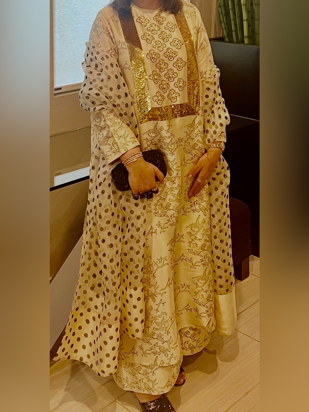Muse Cream and Gold Long Sleeve Maxi Dress with Polka Dot Overlay